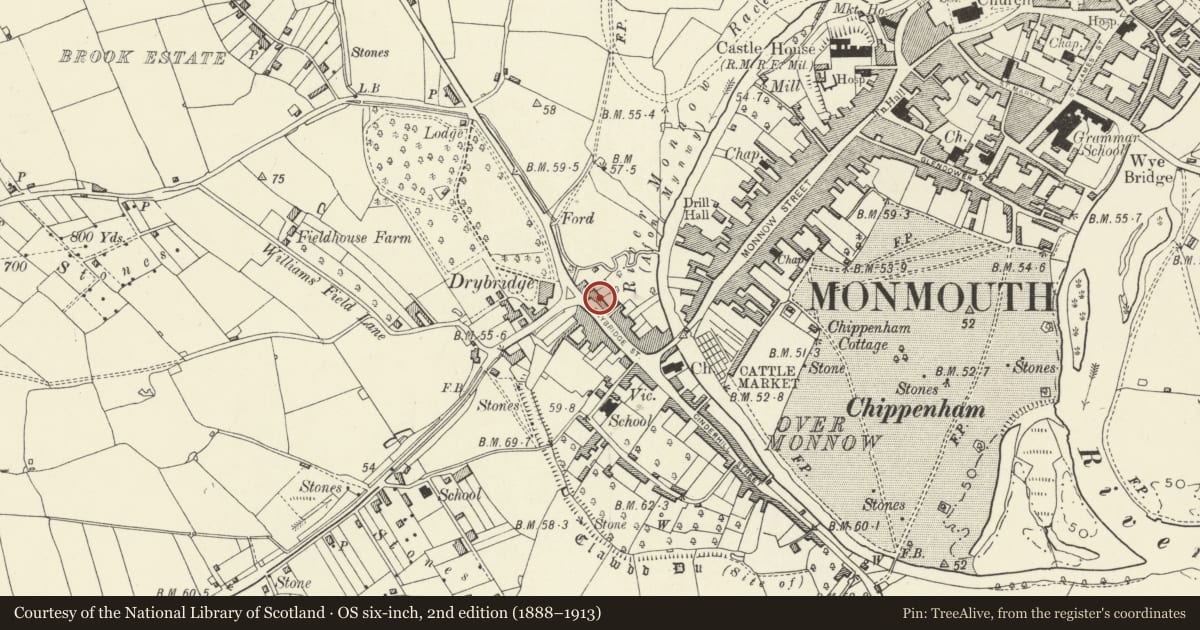 Ordnance Survey six-inch map, 2nd edition (1888–1913) covering the location of 35 Drybridge Street, Monmouth, Monmouthshire, with a pin at the register's coordinates