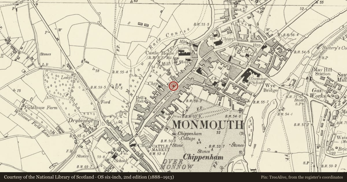 Ordnance Survey six-inch map, 2nd edition (1888–1913) covering the location of 35 Monnow Street, Monmouth, Monmouthshire, with a pin at the register's coordinates
