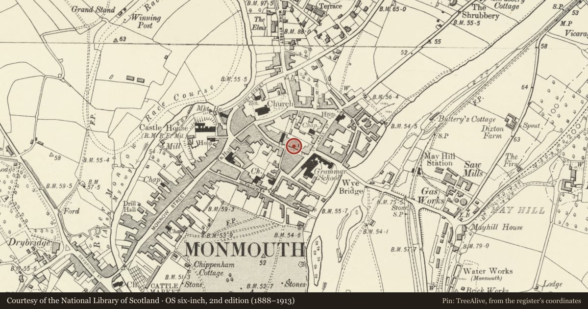 Ordnance Survey six-inch map, 2nd edition (1888–1913) covering the location of 36 St. Mary's Street, Monmouth, Monmouthshire, with a pin at the register's coordinates