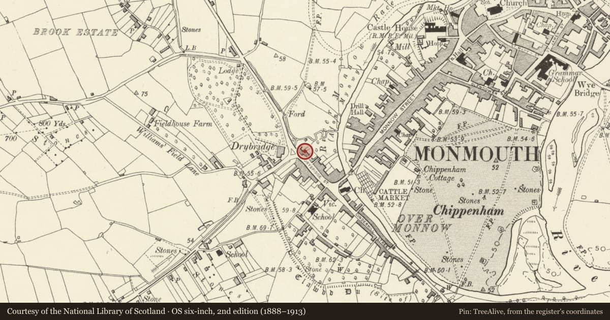 Ordnance Survey six-inch map, 2nd edition (1888–1913) covering the location of The Britannia Inn (PH), Monmouth, Monmouthshire, with a pin at the register's coordinates