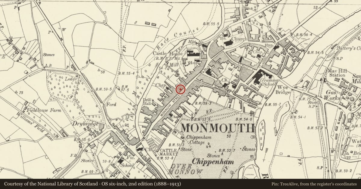 Ordnance Survey six-inch map, 2nd edition (1888–1913) covering the location of 39 Monnow Street, Monmouth, Monmouthshire, with a pin at the register's coordinates