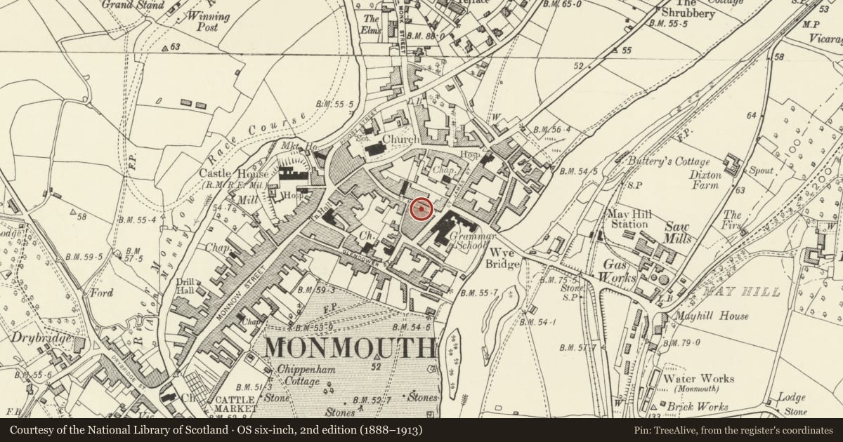 Ordnance Survey six-inch map, 2nd edition (1888–1913) covering the location of 39 St. Mary's Street, Monmouth, Monmouthshire, with a pin at the register's coordinates