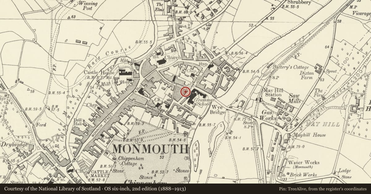 Ordnance Survey six-inch map, 2nd edition (1888–1913) covering the location of 11 Almshouse Street, Monmouth, Monmouthshire, with a pin at the register's coordinates