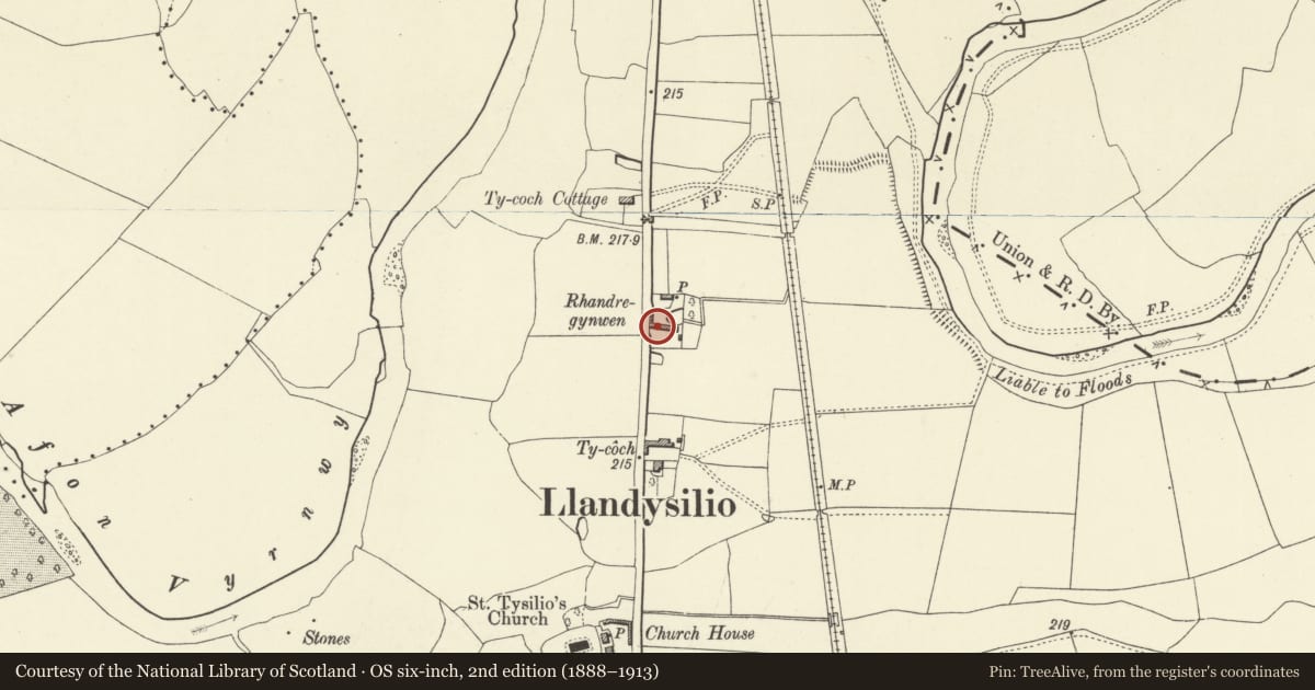 Ordnance Survey six-inch map, 2nd edition (1888–1913) covering the location of Cowhouse Range to S. of Rhandregynwen, Llandysilio, Powys, with a pin at the register's coordinates