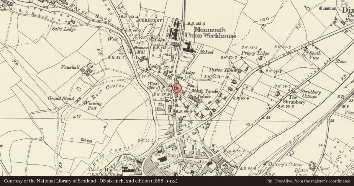 Ordnance Survey six-inch map, 2nd edition (1888–1913) covering the location of 4 Hereford Road, Monmouth, Monmouthshire, with a pin at the register's coordinates