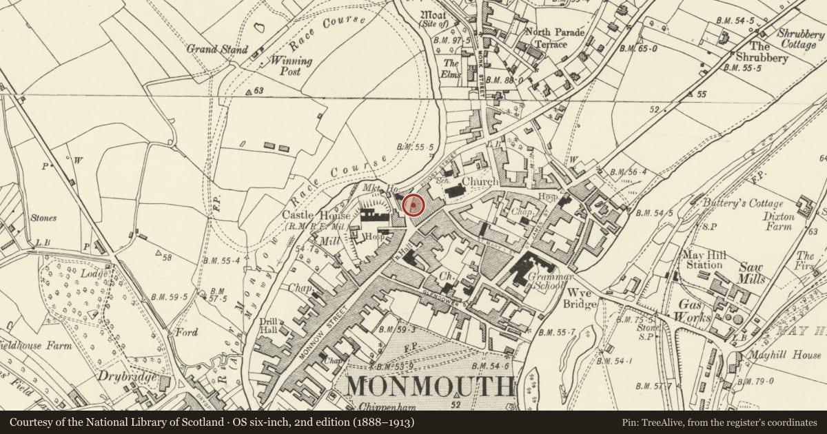 Ordnance Survey six-inch map, 2nd edition (1888–1913) covering the location of 4 Priory Street, Monmouth, Monmouthshire, with a pin at the register's coordinates