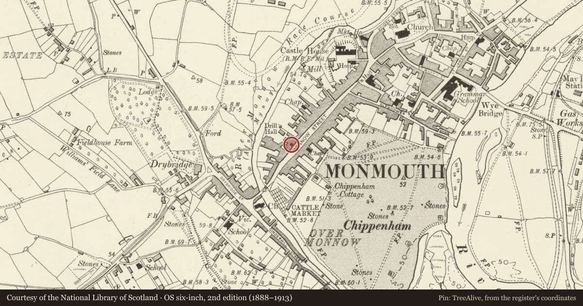 Ordnance Survey six-inch map, 2nd edition (1888–1913) covering the location of 89 Monnow Street, Monmouth, Monmouthshire, with a pin at the register's coordinates