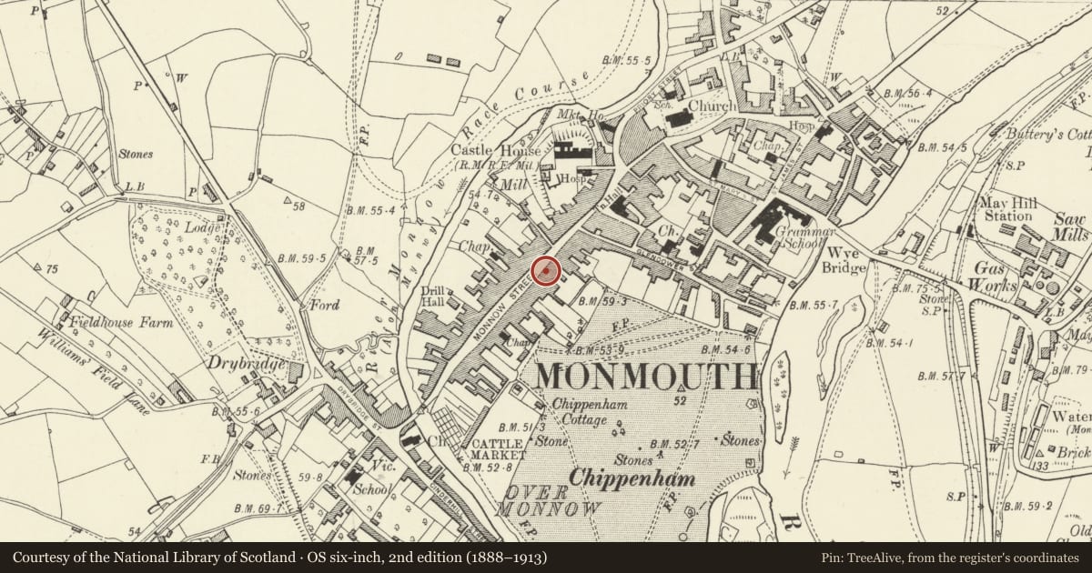 Ordnance Survey six-inch map, 2nd edition (1888–1913) covering the location of 44 Monnow Street, Monmouth, Monmouthshire, with a pin at the register's coordinates