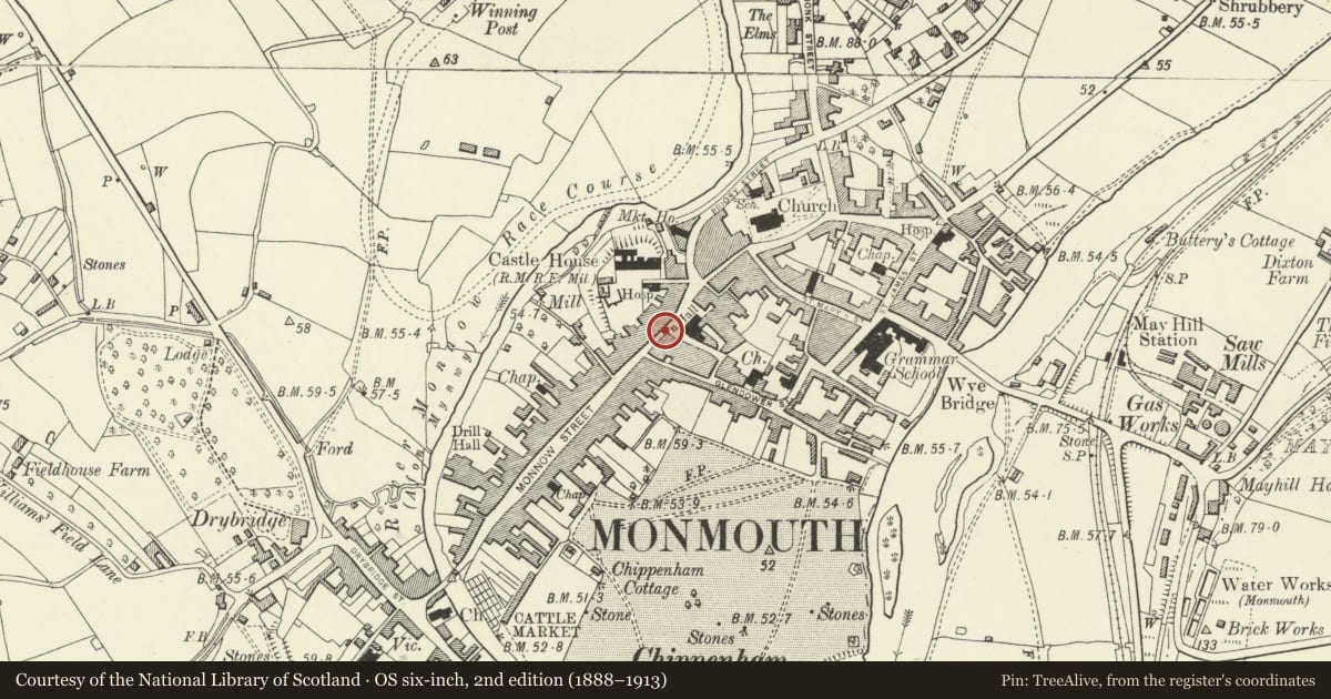 Ordnance Survey six-inch map, 2nd edition (1888–1913) covering the location of 2 Monnow Street, Monmouth, Monmouthshire, with a pin at the register's coordinates