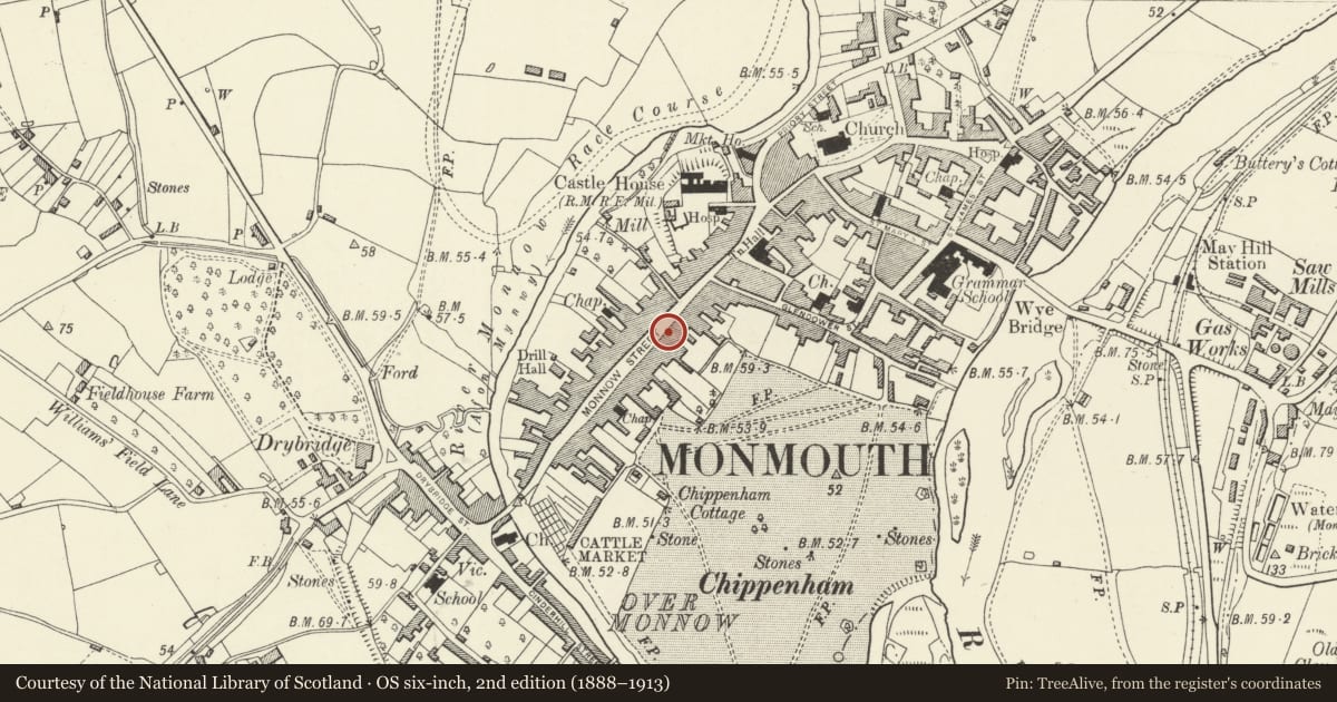 Ordnance Survey six-inch map, 2nd edition (1888–1913) covering the location of 46 Monnow Street, Monmouth, Monmouthshire, with a pin at the register's coordinates