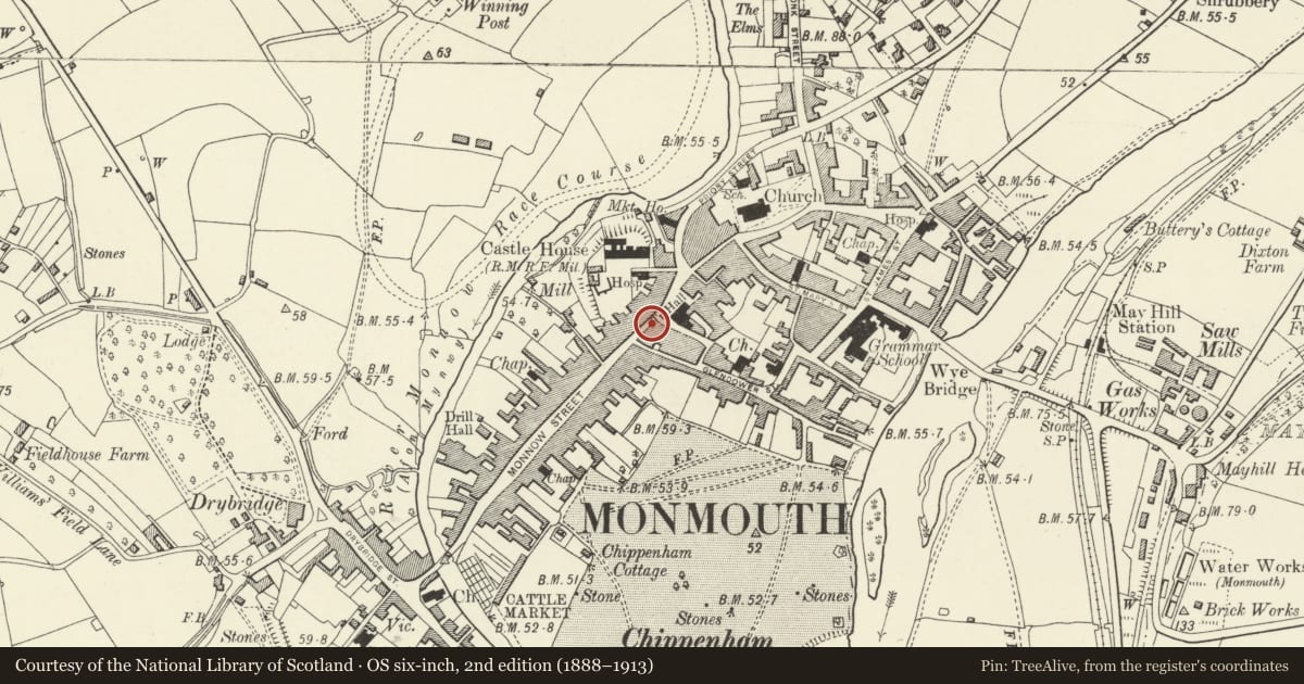 Ordnance Survey six-inch map, 2nd edition (1888–1913) covering the location of 4 Monnow Street, Monmouth, Monmouthshire, with a pin at the register's coordinates