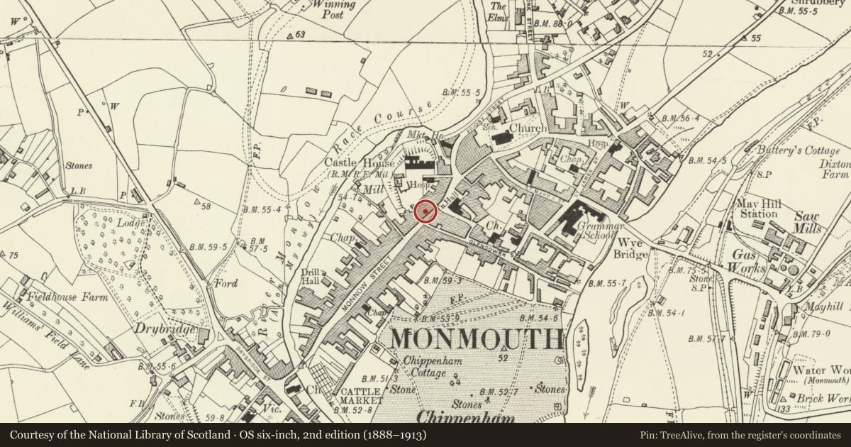 Ordnance Survey six-inch map, 2nd edition (1888–1913) covering the location of 5 Monnow Street, Monmouth, Monmouthshire, with a pin at the register's coordinates