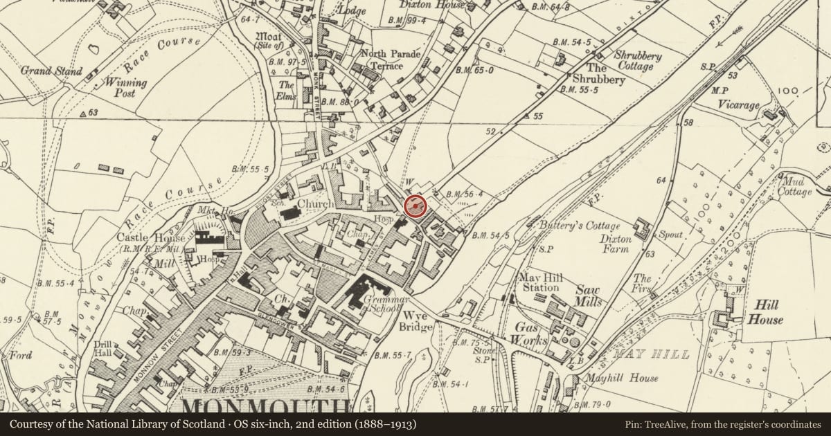 Ordnance Survey six-inch map, 2nd edition (1888–1913) covering the location of 5 Old Dixton Road, Monmouth, Monmouthshire, with a pin at the register's coordinates