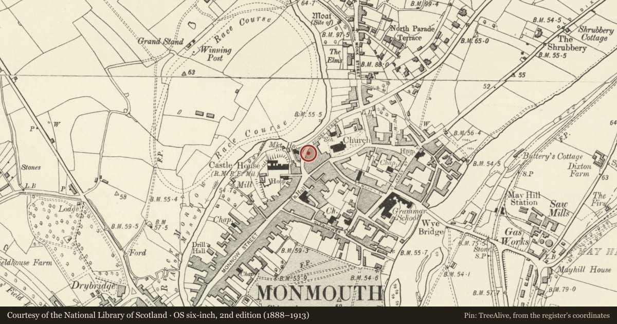 Ordnance Survey six-inch map, 2nd edition (1888–1913) covering the location of 5 Priory Street, Monmouth, Monmouthshire, with a pin at the register's coordinates