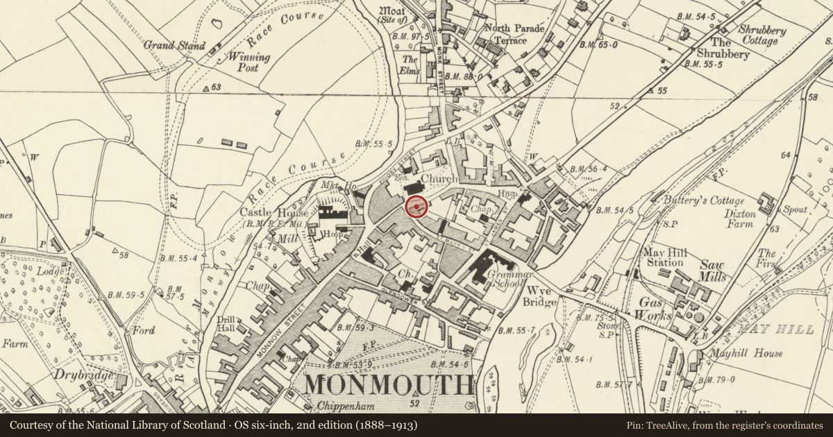 Ordnance Survey six-inch map, 2nd edition (1888–1913) covering the location of 5 Whitecross Street, Monmouth, Monmouthshire, with a pin at the register's coordinates