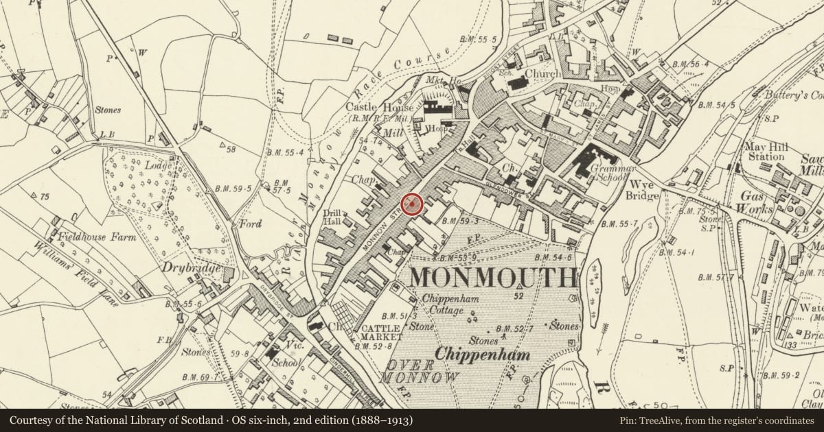 Ordnance Survey six-inch map, 2nd edition (1888–1913) covering the location of 50 Monnow Street, Monmouth, Monmouthshire, with a pin at the register's coordinates