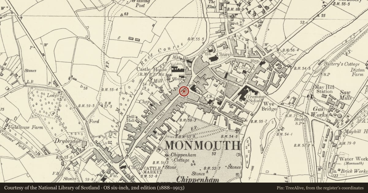 Ordnance Survey six-inch map, 2nd edition (1888–1913) covering the location of 6 Monnow Street, Monmouth, Monmouthshire, with a pin at the register's coordinates