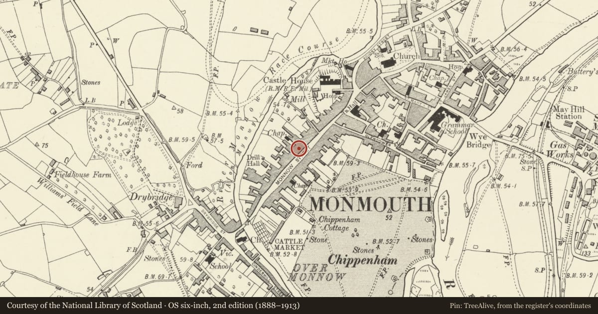 Ordnance Survey six-inch map, 2nd edition (1888–1913) covering the location of 53 Monnow Street, Monmouth, Monmouthshire, with a pin at the register's coordinates