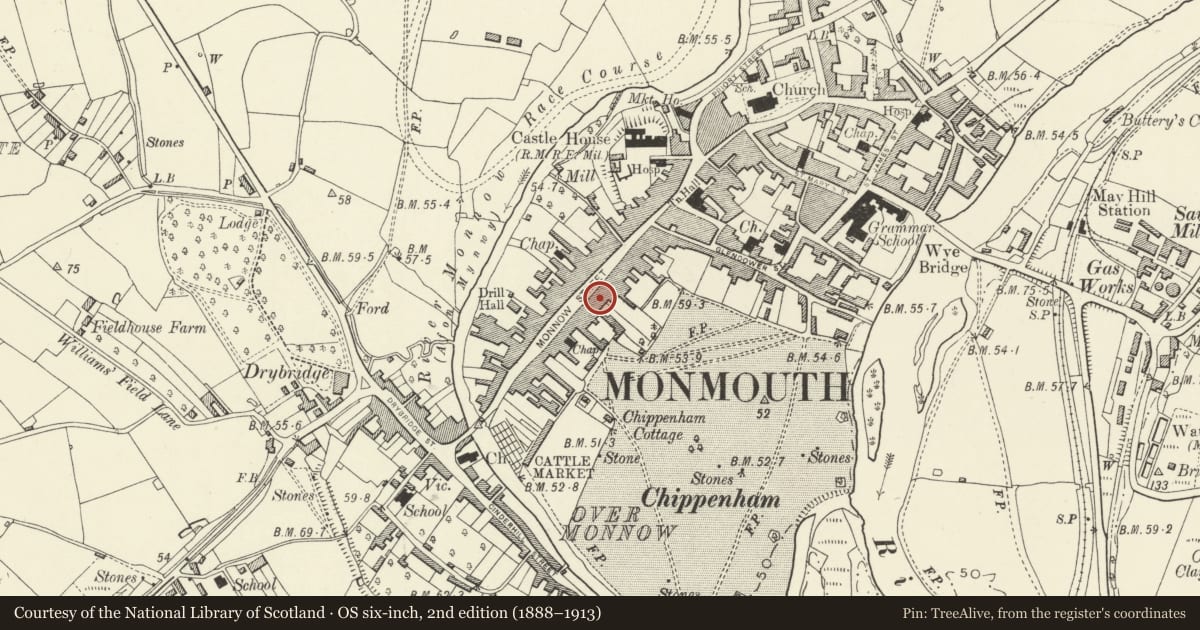 Ordnance Survey six-inch map, 2nd edition (1888–1913) covering the location of Cornwall House, Monmouth, Monmouthshire, with a pin at the register's coordinates