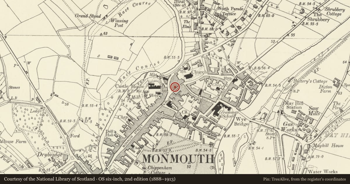 Ordnance Survey six-inch map, 2nd edition (1888–1913) covering the location of 6 Church Street, Monmouth, Monmouthshire, with a pin at the register's coordinates