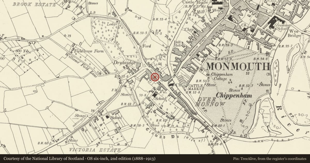 Ordnance Survey six-inch map, 2nd edition (1888–1913) covering the location of 6 Drybridge Street, Monmouth, Monmouthshire, with a pin at the register's coordinates