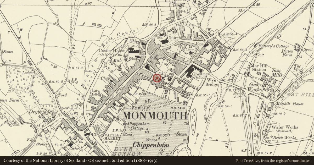 Ordnance Survey six-inch map, 2nd edition (1888–1913) covering the location of 6 Glendower Street, Monmouth, Monmouthshire, with a pin at the register's coordinates