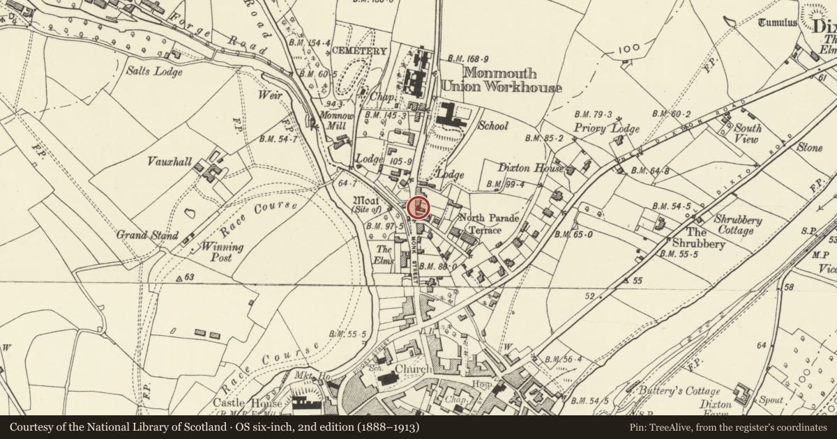 Ordnance Survey six-inch map, 2nd edition (1888–1913) covering the location of 6 Hereford Road, Monmouth, Monmouthshire, with a pin at the register's coordinates