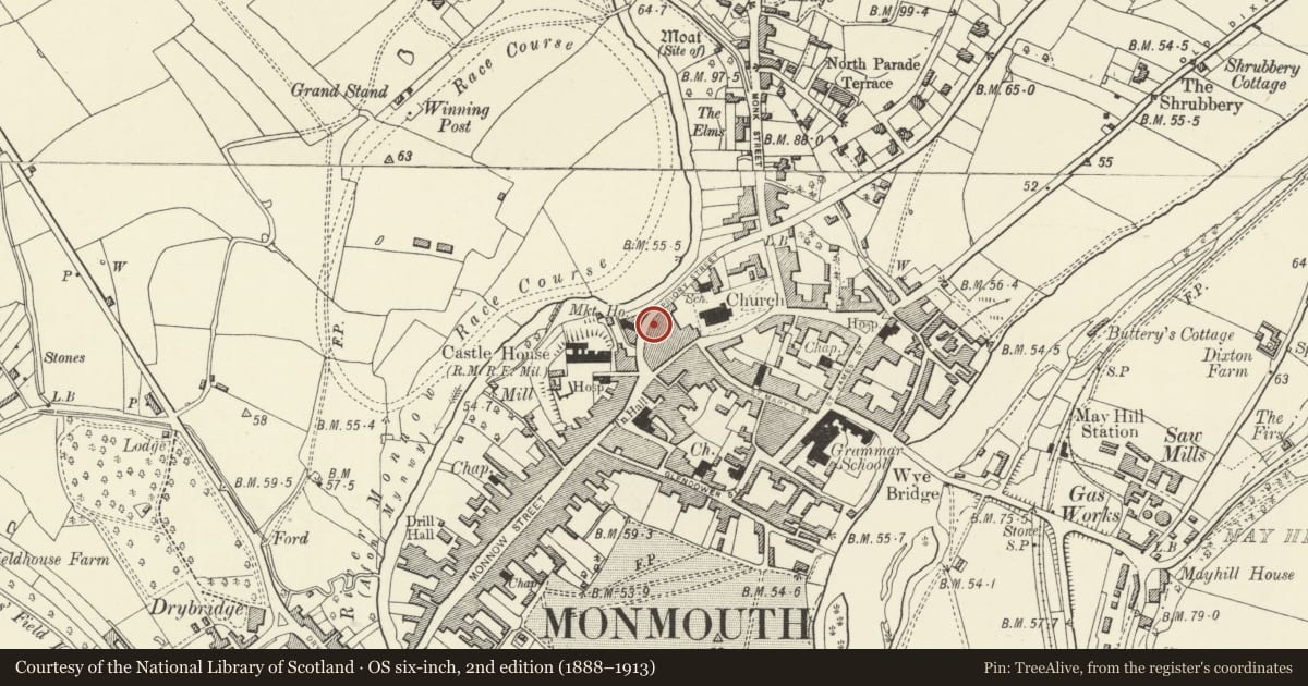 Ordnance Survey six-inch map, 2nd edition (1888–1913) covering the location of 6 Priory Street, Monmouth, Monmouthshire, with a pin at the register's coordinates