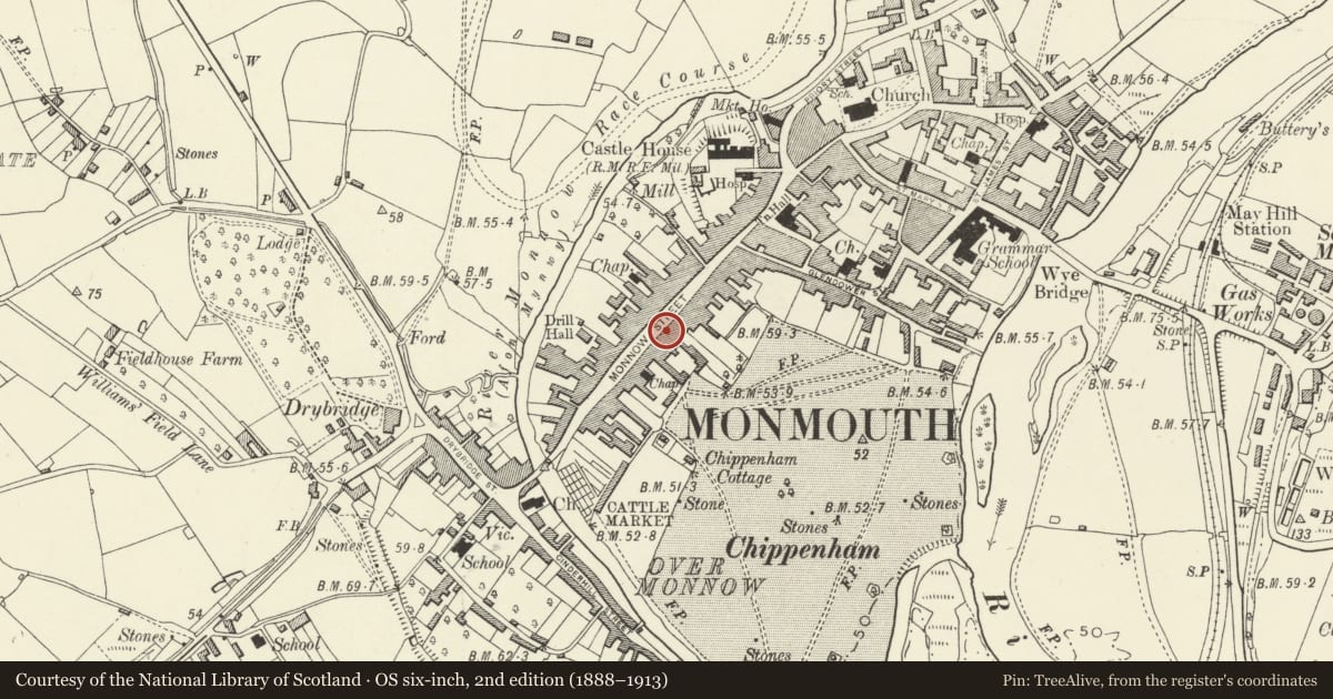 Ordnance Survey six-inch map, 2nd edition (1888–1913) covering the location of 62 Monnow Street, Monmouth, Monmouthshire, with a pin at the register's coordinates