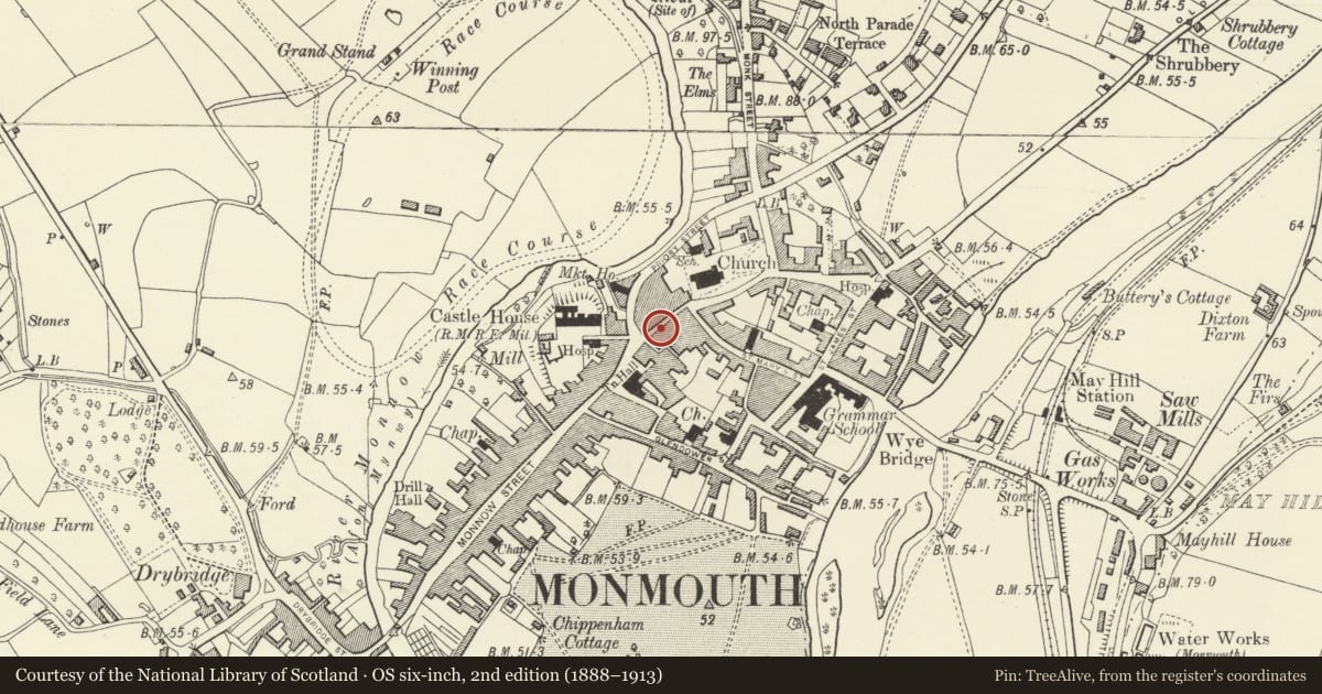 Ordnance Survey six-inch map, 2nd edition (1888–1913) covering the location of 7 Church Street, Monmouth, Monmouthshire, with a pin at the register's coordinates