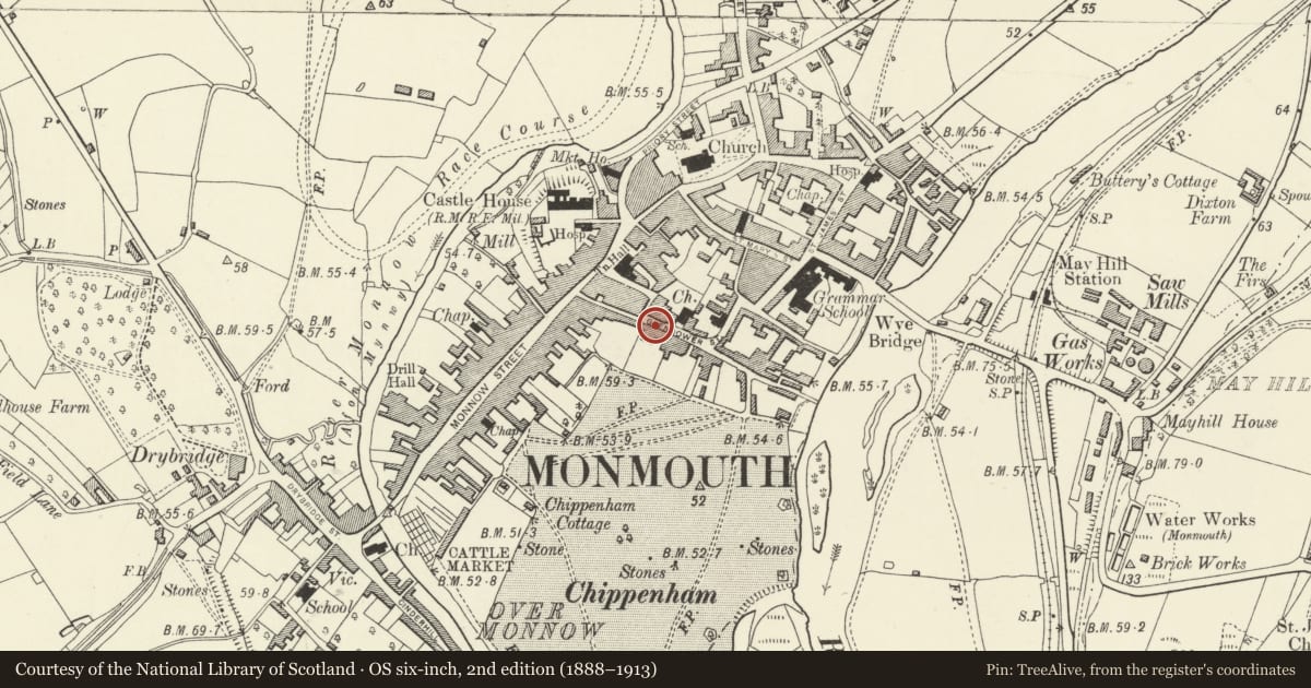 Ordnance Survey six-inch map, 2nd edition (1888–1913) covering the location of 7 Glendower Street, Monmouth, Monmouthshire, with a pin at the register's coordinates