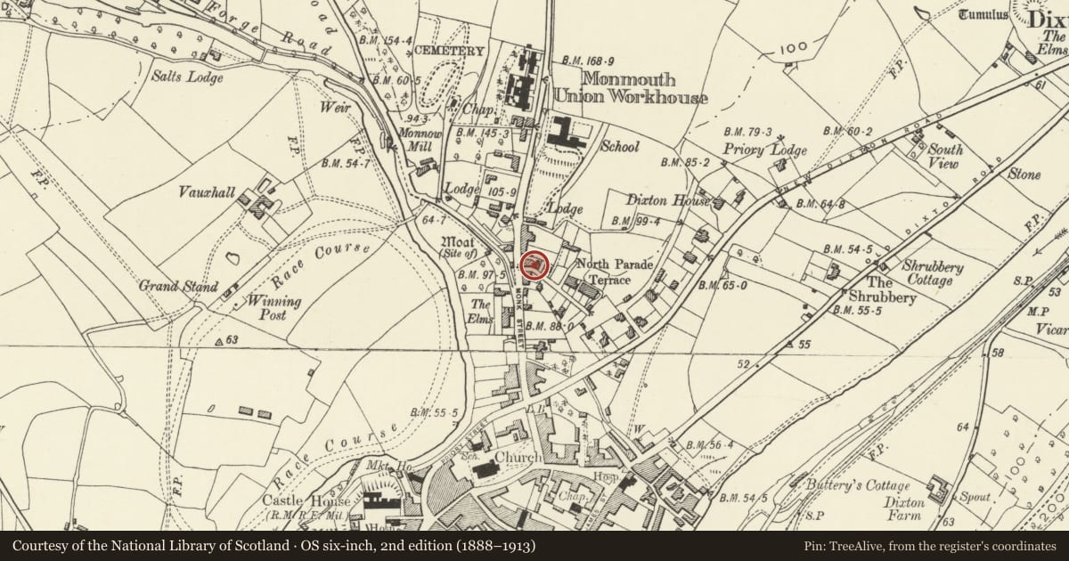 Ordnance Survey six-inch map, 2nd edition (1888–1913) covering the location of 7 Monkswell Road, Monmouth, Monmouthshire, with a pin at the register's coordinates