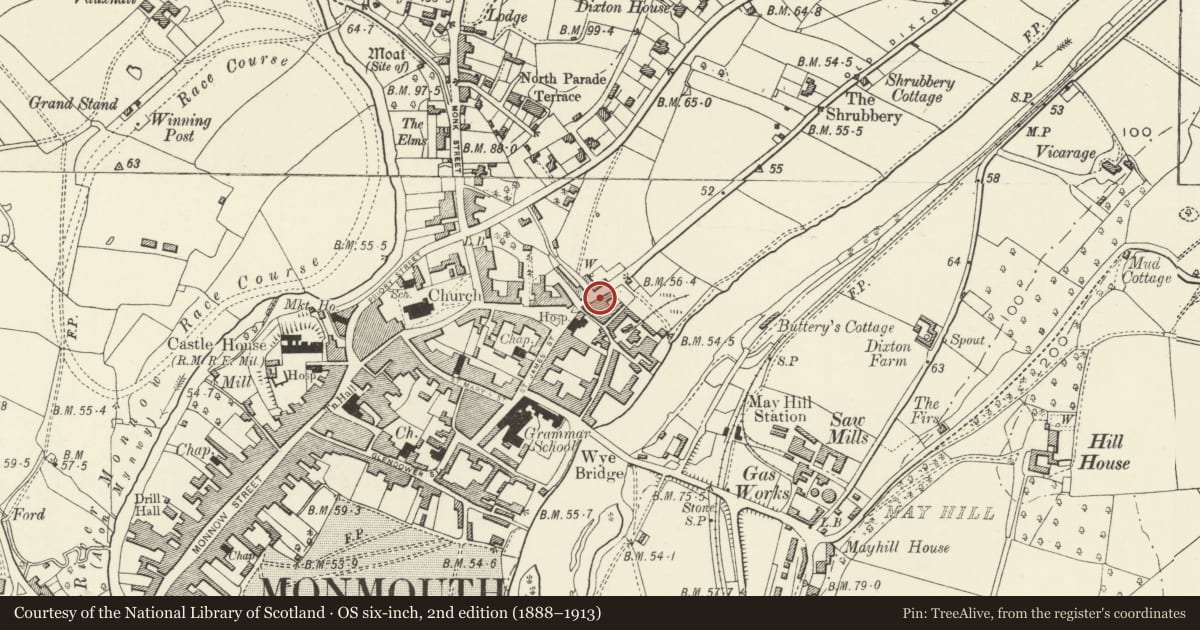 Ordnance Survey six-inch map, 2nd edition (1888–1913) covering the location of 7 Old Dixton Road, Monmouth, Monmouthshire, with a pin at the register's coordinates