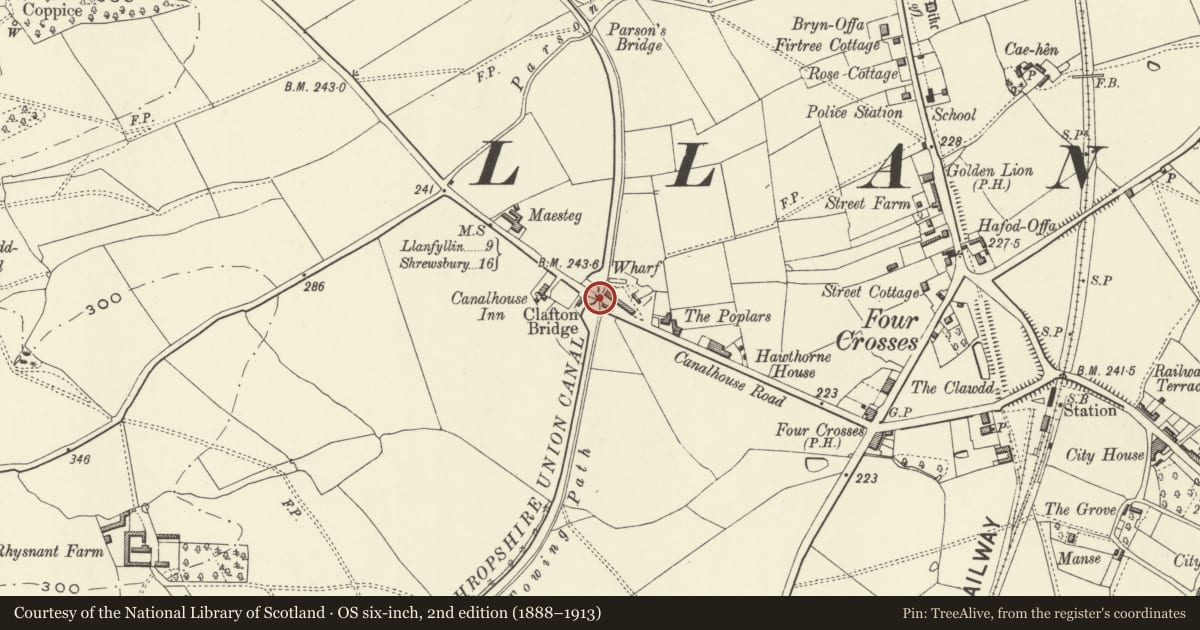Ordnance Survey six-inch map, 2nd edition (1888–1913) covering the location of Clafton Bridge (No.100) & attached Parapets Flanking Road Approaches, Llandysilio, Powys, with a pin at the register's coordinates