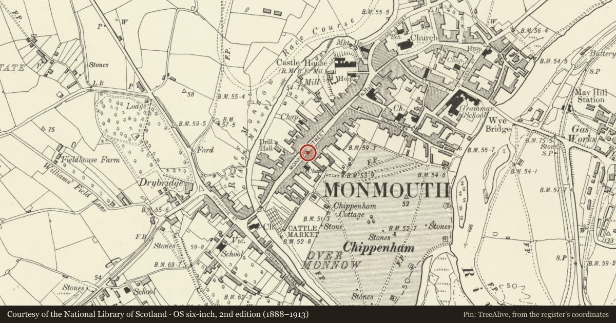 Ordnance Survey six-inch map, 2nd edition (1888–1913) covering the location of 72 Monnow Street, Monmouth, Monmouthshire, with a pin at the register's coordinates