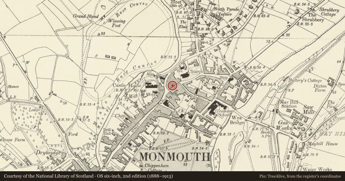 Ordnance Survey six-inch map, 2nd edition (1888–1913) covering the location of 8 Church Street, Monmouth, Monmouthshire, with a pin at the register's coordinates