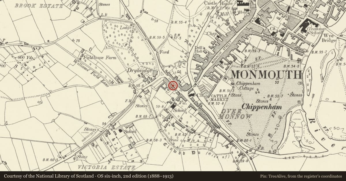 Ordnance Survey six-inch map, 2nd edition (1888–1913) covering the location of 8 Drybridge Street, Monmouth, Monmouthshire, with a pin at the register's coordinates