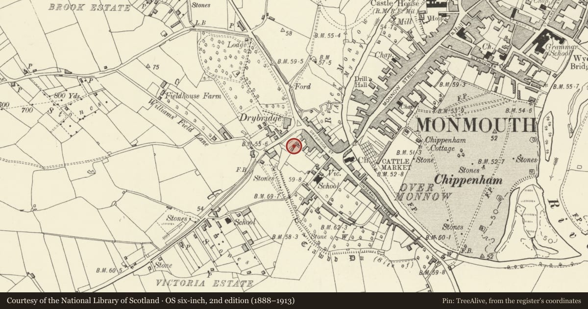 Ordnance Survey six-inch map, 2nd edition (1888–1913) covering the location of 8 Drybridge Terrace, Monmouth, Monmouthshire, with a pin at the register's coordinates