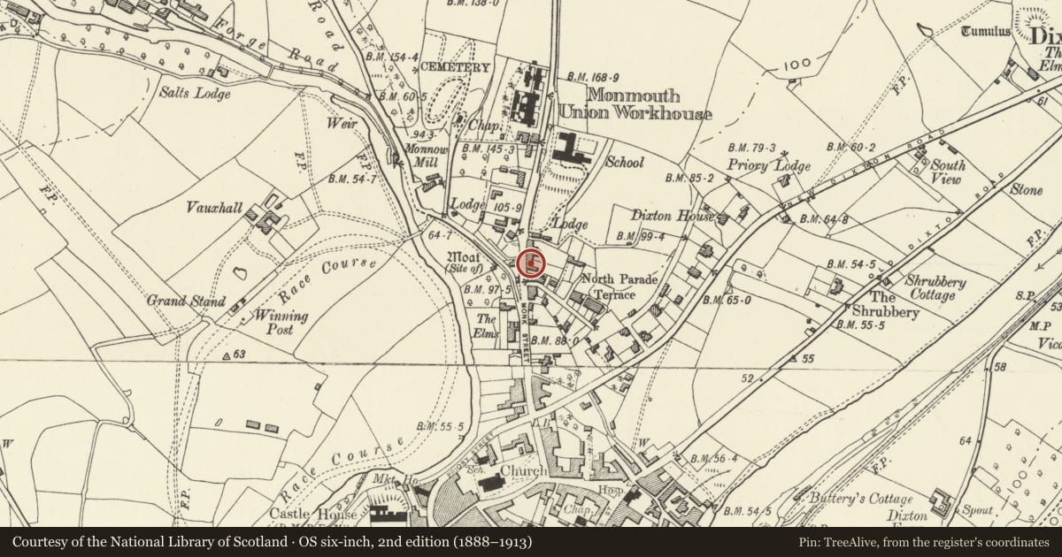 Ordnance Survey six-inch map, 2nd edition (1888–1913) covering the location of 8 Hereford Road, Monmouth, Monmouthshire, with a pin at the register's coordinates