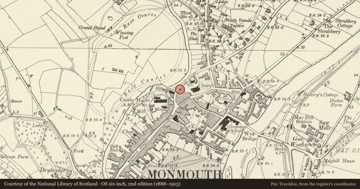 Ordnance Survey six-inch map, 2nd edition (1888–1913) covering the location of 8 Priory Street, Monmouth, Monmouthshire, with a pin at the register's coordinates