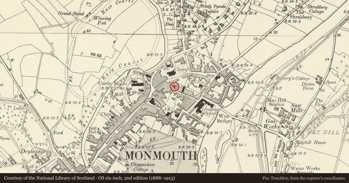 Ordnance Survey six-inch map, 2nd edition (1888–1913) covering the location of 8 St. Mary's Street, Monmouth, Monmouthshire, with a pin at the register's coordinates