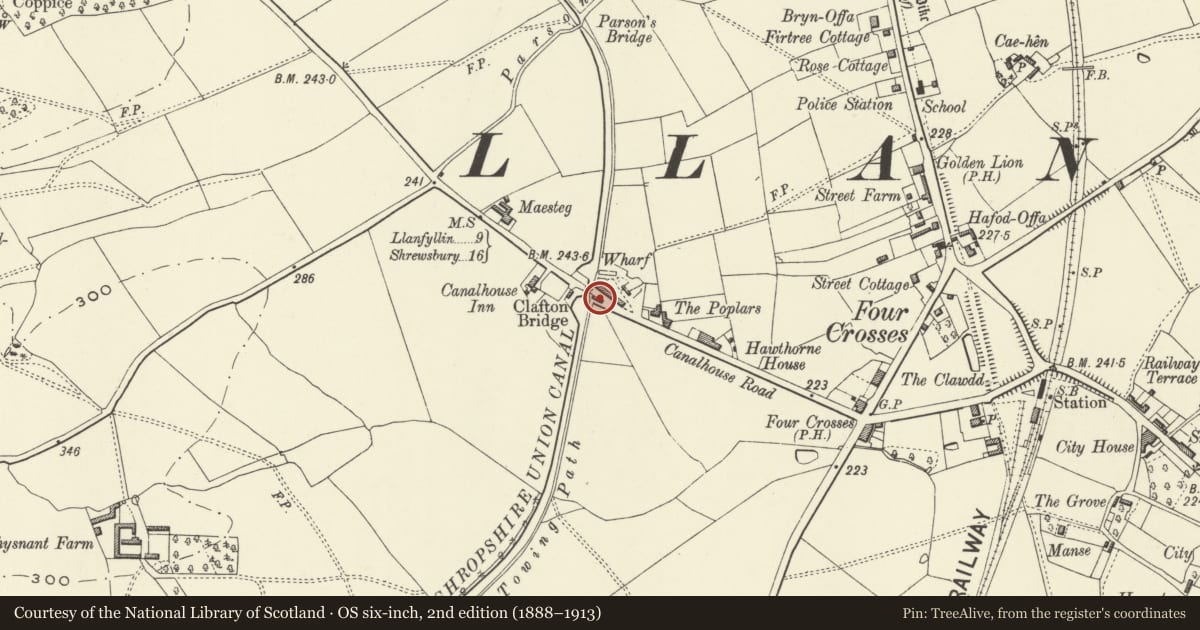 Ordnance Survey six-inch map, 2nd edition (1888–1913) covering the location of Goolden's Warehouse at Clafton Bridge, Llandysilio, Powys, with a pin at the register's coordinates