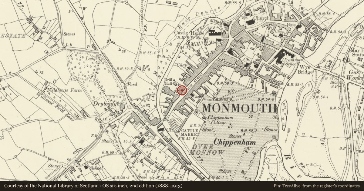 Ordnance Survey six-inch map, 2nd edition (1888–1913) covering the location of 87 Monnow Street, Monmouth, Monmouthshire, with a pin at the register's coordinates