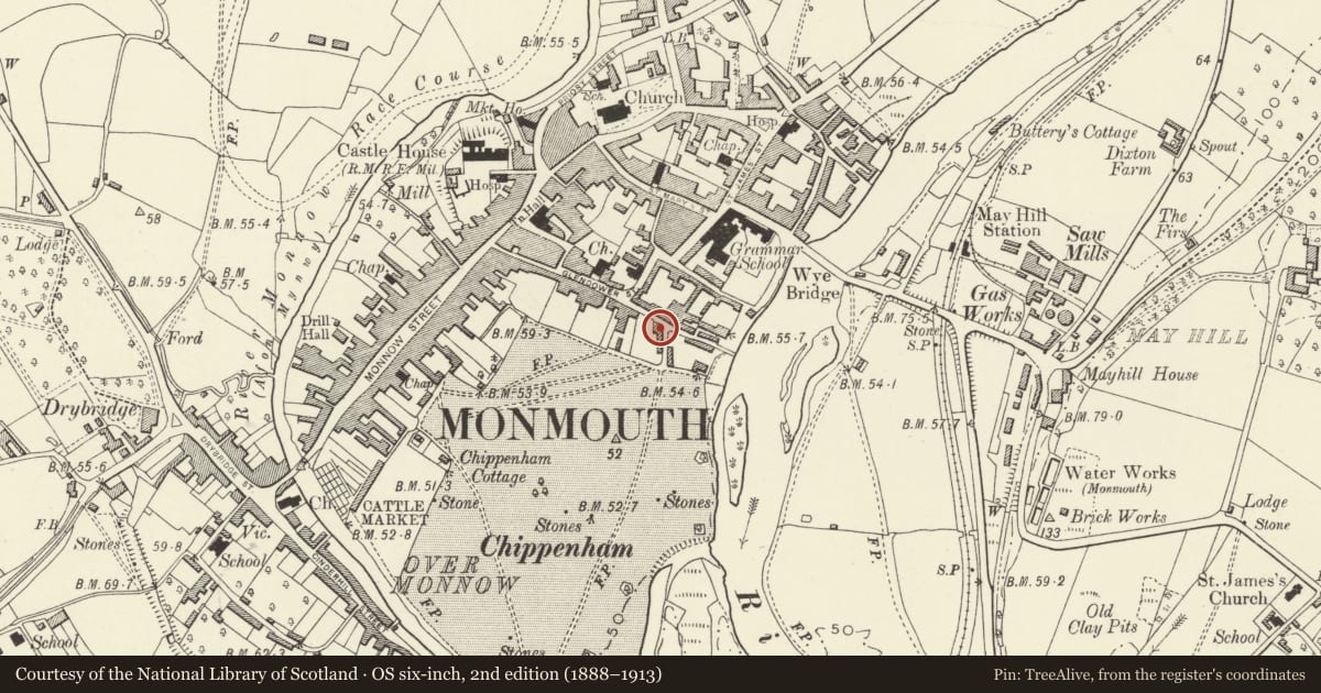 Ordnance Survey six-inch map, 2nd edition (1888–1913) covering the location of 9 Chippenhamgate Street, Monmouth, Monmouthshire, with a pin at the register's coordinates