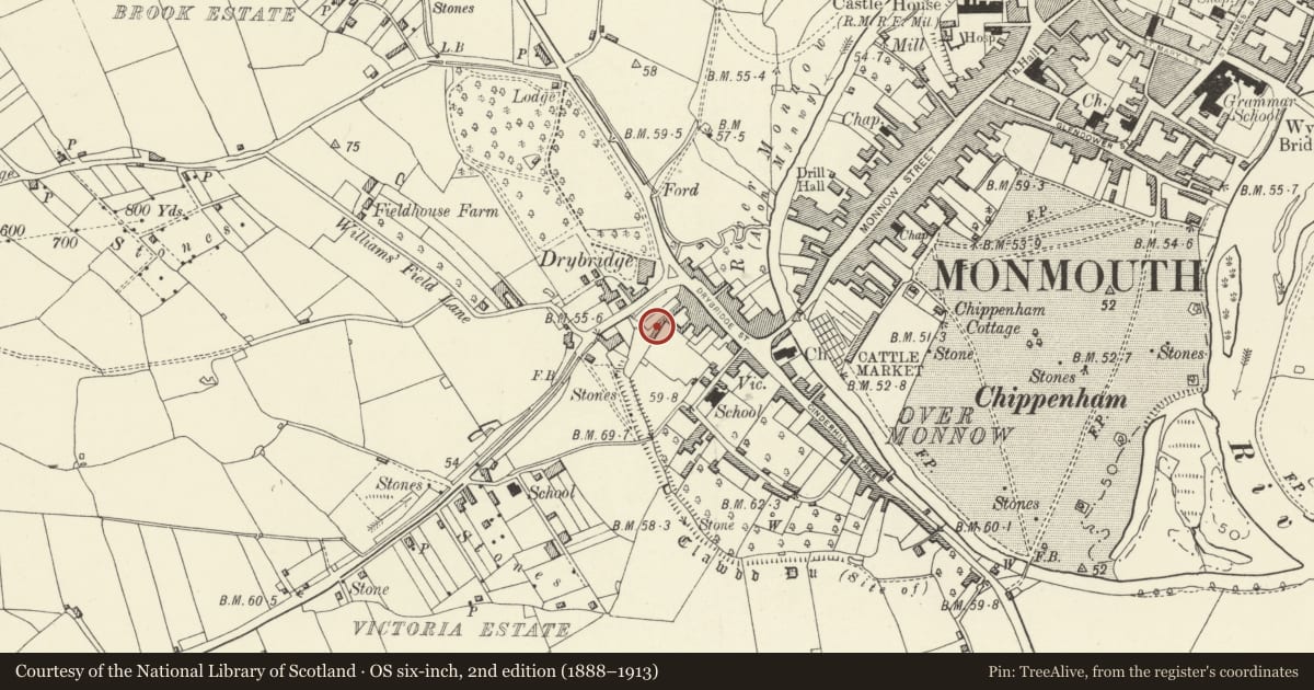 Ordnance Survey six-inch map, 2nd edition (1888–1913) covering the location of 9 Drybridge Terrace, Monmouth, Monmouthshire, with a pin at the register's coordinates