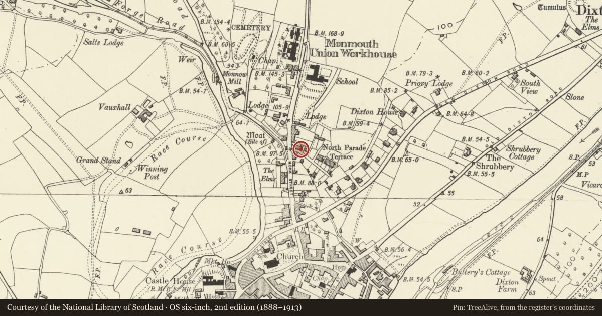 Ordnance Survey six-inch map, 2nd edition (1888–1913) covering the location of 9 Monkswell Road, Monmouth, Monmouthshire, with a pin at the register's coordinates