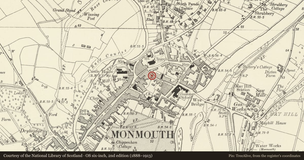 Ordnance Survey six-inch map, 2nd edition (1888–1913) covering the location of 9 St. Mary's Street, Monmouth, Monmouthshire, with a pin at the register's coordinates