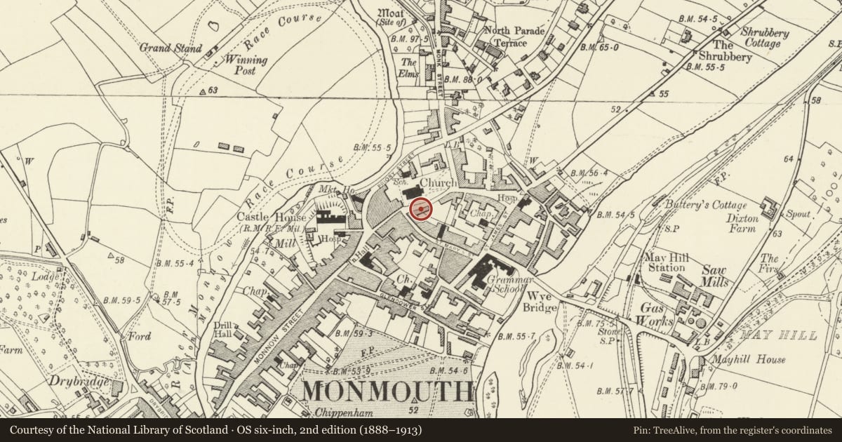 Ordnance Survey six-inch map, 2nd edition (1888–1913) covering the location of 9 Whitecross Street, Monmouth, Monmouthshire, with a pin at the register's coordinates