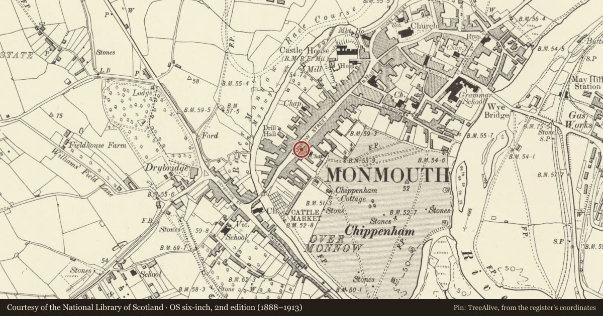 Ordnance Survey six-inch map, 2nd edition (1888–1913) covering the location of 92 Monnow Street, Monmouth, Monmouthshire, with a pin at the register's coordinates