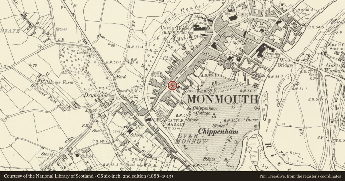 Ordnance Survey six-inch map, 2nd edition (1888–1913) covering the location of 94 Monnow Street, Monmouth, Monmouthshire, with a pin at the register's coordinates